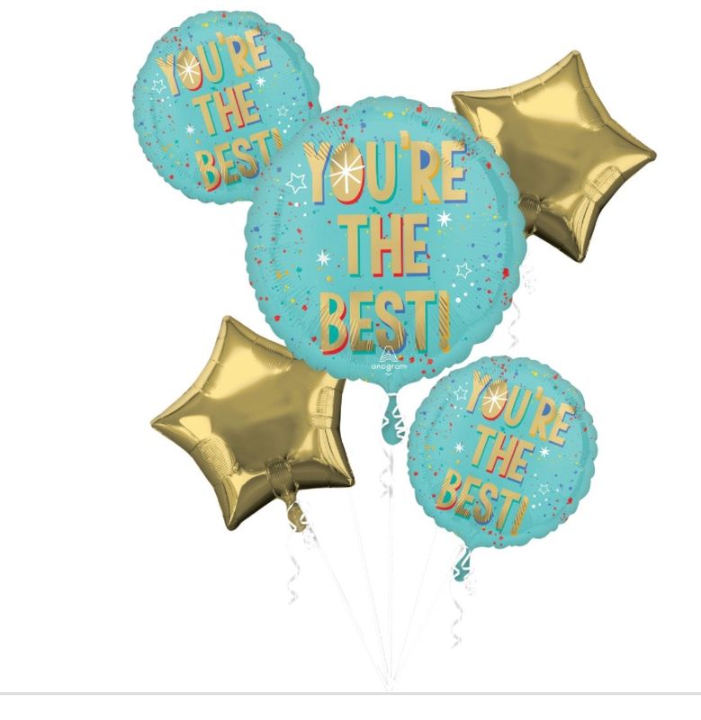 &quot;You&#39;re the Best&quot; Round/Star Satin Foil Balloon Bouquet, Blue/Gold, 5-pk