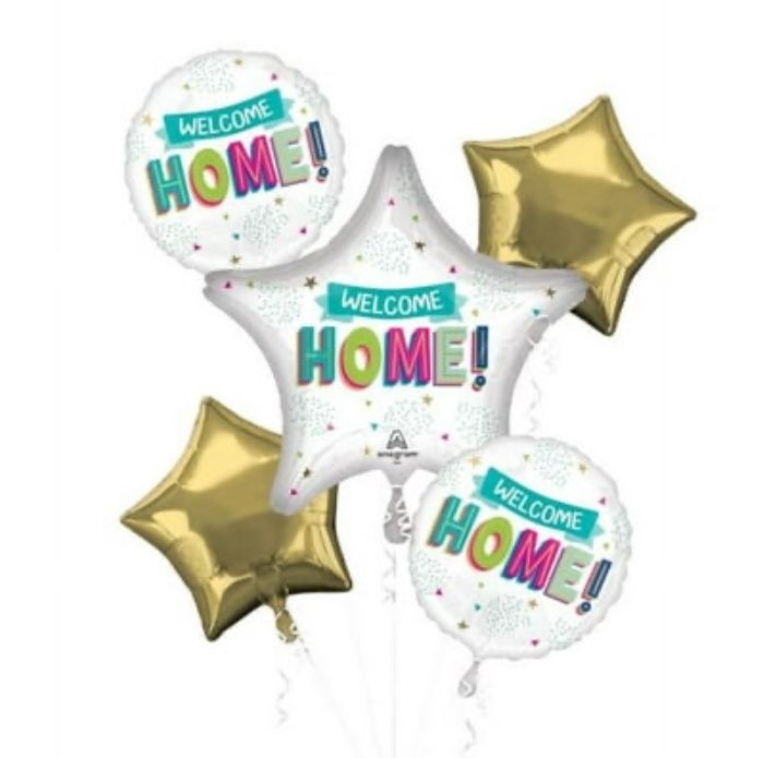&quot;Welcome Home&quot; Satin Foil Balloon Bouquet, White/Gold, 5-pk