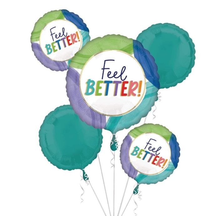 &quot;Feel Better&quot; Round Satin Foil Balloon Bouquet, Blue/Green/Purple, 5-pk