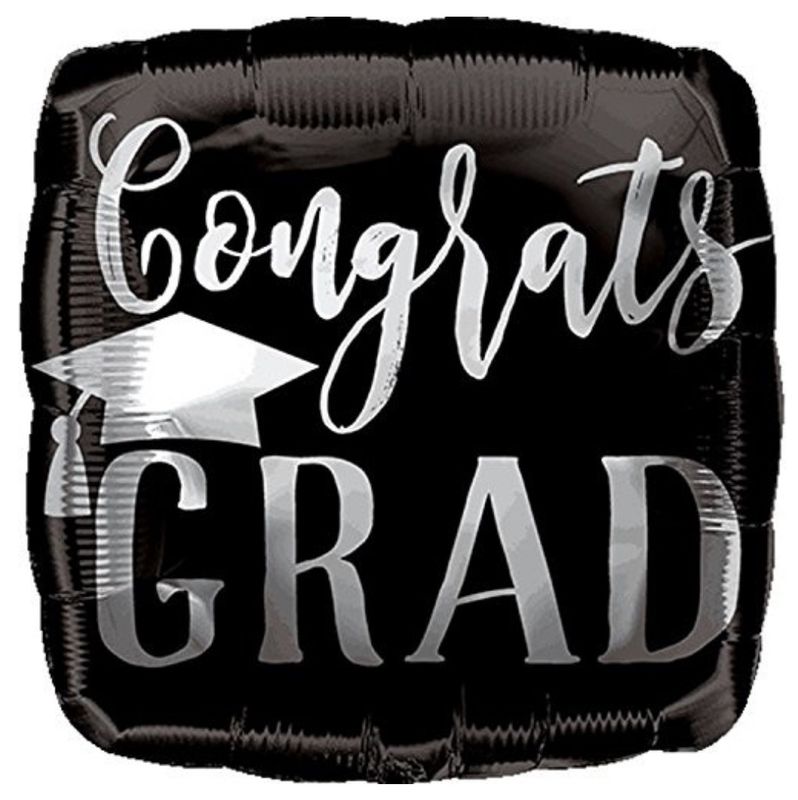 Congrats Grad Cap Graduation 18 Square Foil Balloon Black Silver