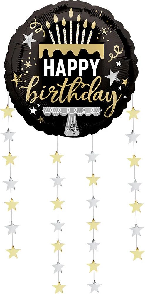 Black Silver Gold Dangling Birthday Stars 24&quot; Balloon