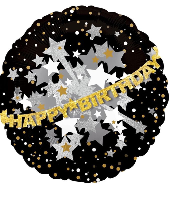 Happy Birthday Balloon - Prismatic Black, Gold &amp; Silver, 32in