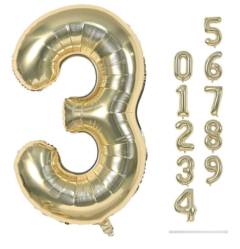 34 Inch Number 3  White Gold Foil Mylar Balloon