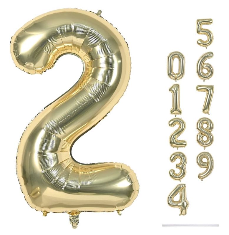 34 Inch Number 2 White Gold Foil Mylar Balloon