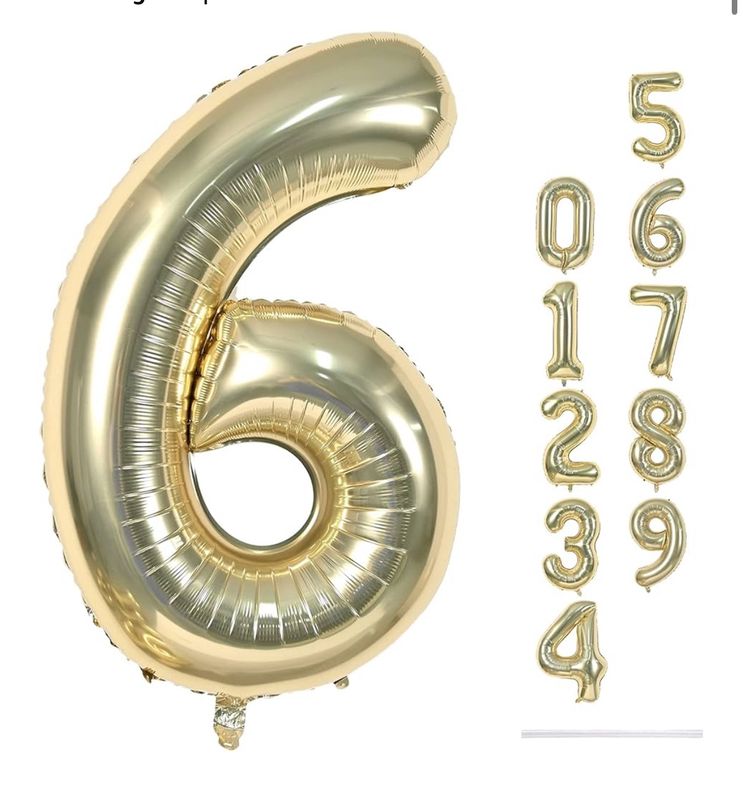 34 Inch Number 6  White Gold Foil Mylar Balloon
