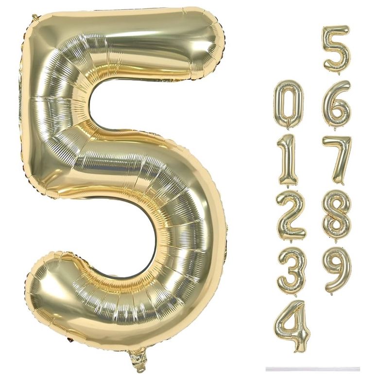 34 Inch Number 5 White Gold Foil Mylar Balloon