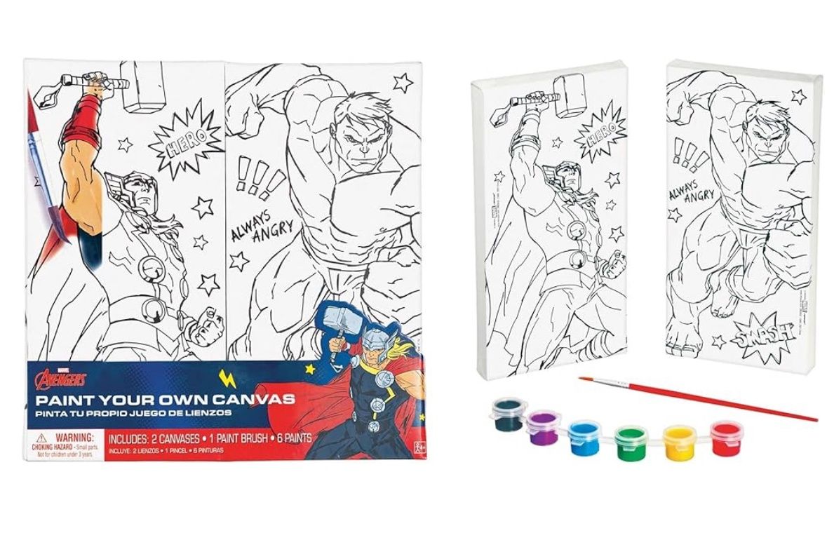 Marvel Avengers Color Your Own Canvas- 2 Canvases (8&quot; x 4&quot; ), 1 Brush, 6 Vivid Paints - Perfect Creative Gift for Kids &amp; Fans