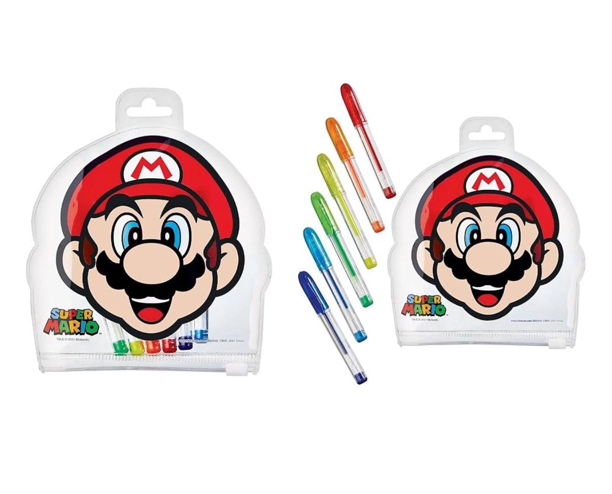 Super Mario Brothers Diecut Pouch &amp; Mini Gel Pens Set | 5&quot; x 5.3&quot; (Pack of 6)