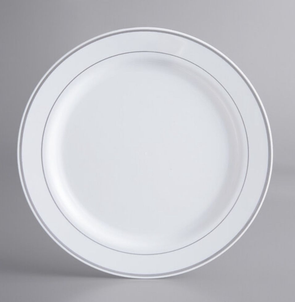 Dinnerware banded 10” Plastic Plate white with Gold Accents 12 Pack