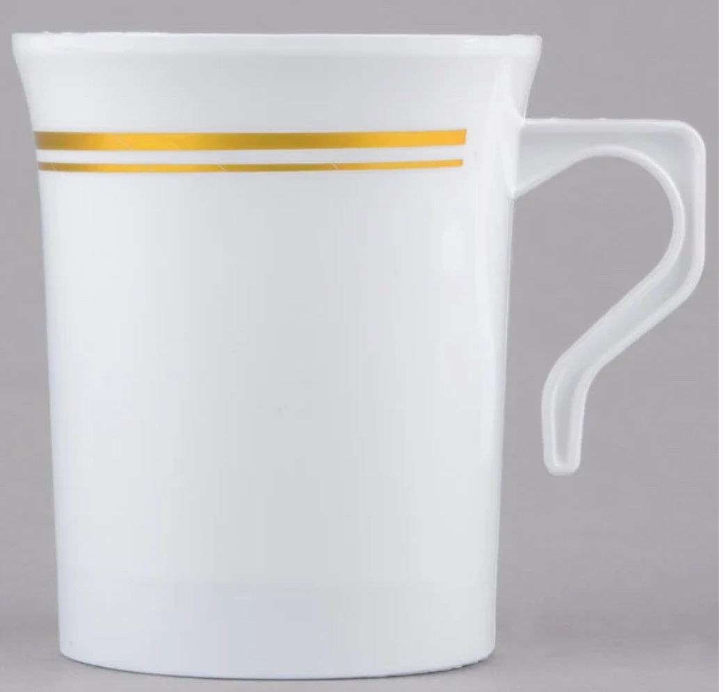 Silver Vision 12pc Elegant White w/Gold Bands Plastic 8oz Coffee Mugs Cup