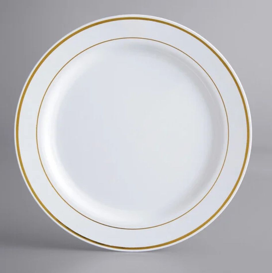 Visions 10&quot; White Plastic Plate with Gold Bands - 12/pack