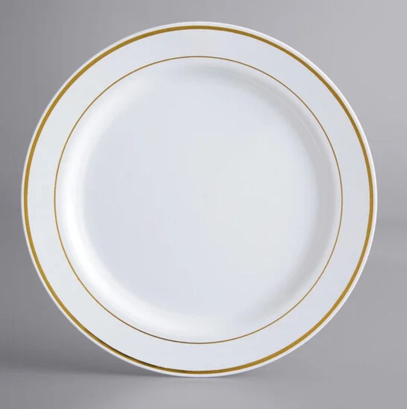 Visions 10&quot; White Plastic Plate with Gold Bands - 12/pack