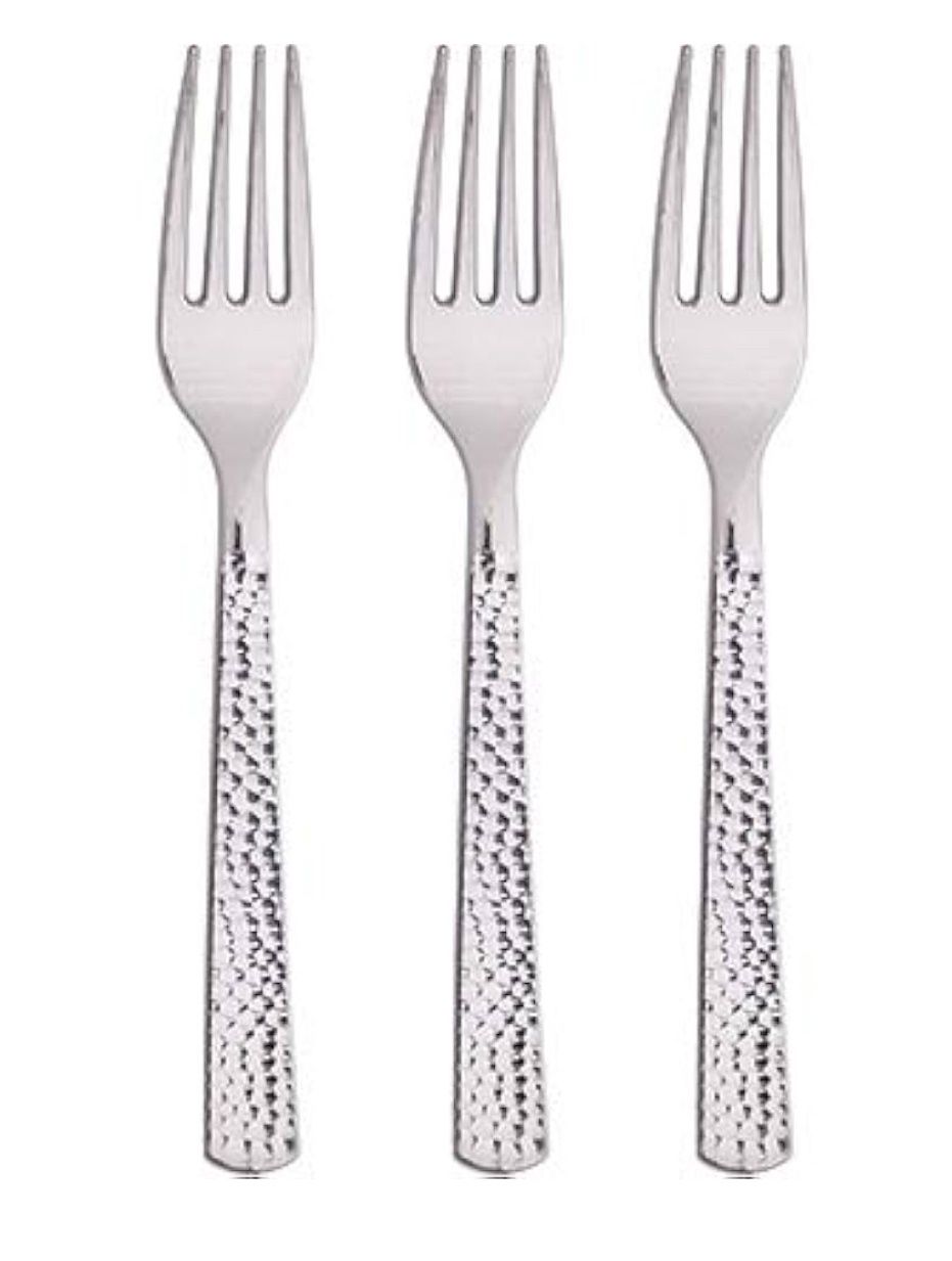 Metallic Silver Hammered Plastic Forks- 24 pcs.
