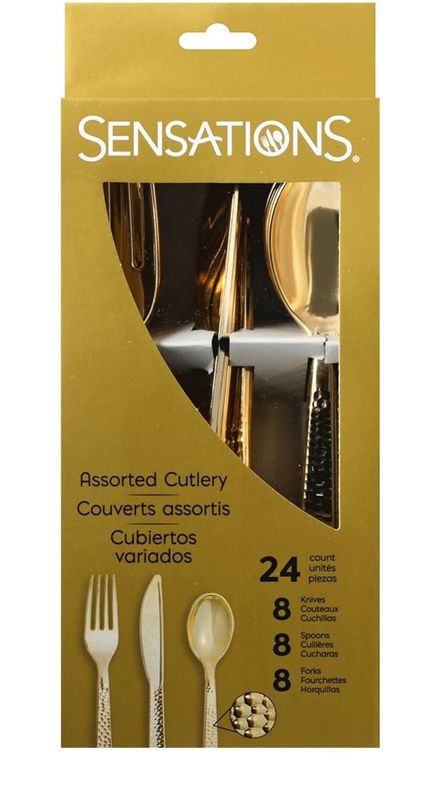 Assorted Metallic Gold Hammered Plastic Cutlery Set- 24 pcs.