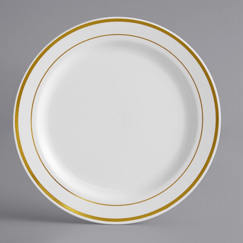 Visions 7&quot; White Plastic Plate with Gold Bands - 15 ct
