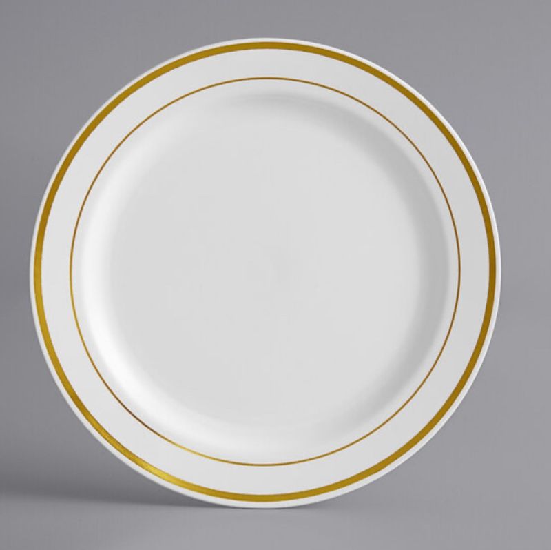 Visions 7&quot; White Plastic Plate with Gold Bands - 15 ct