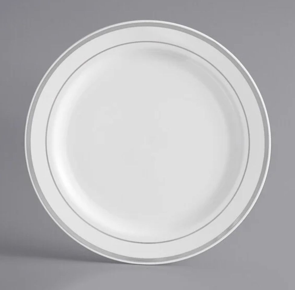 Visions 7&quot; White Plastic Plate with Silver Bands - 15 ct