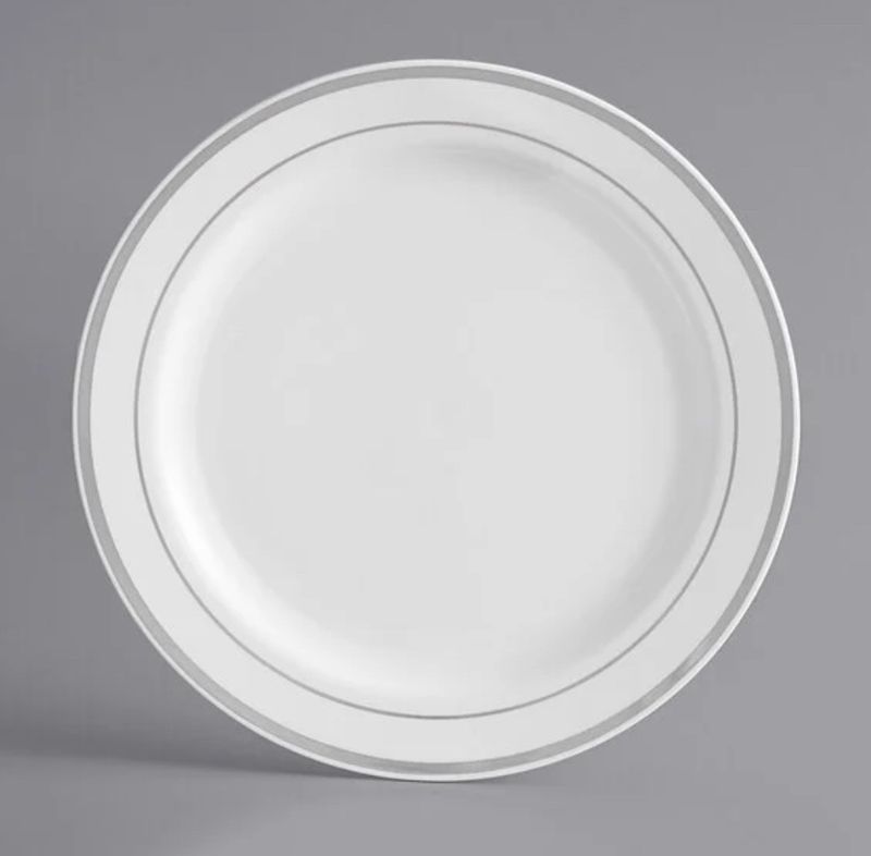 Visions 7&quot; White Plastic Plate with Silver Bands - 15 ct