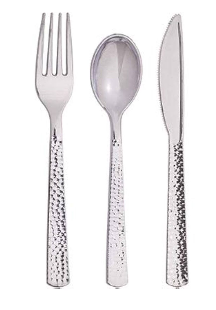Assorted Metallic Silver Hammered Plastic Cutlery Set- 24 pcs.