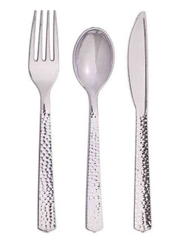 Assorted Metallic Silver Hammered Plastic Cutlery Set- 24 pcs.