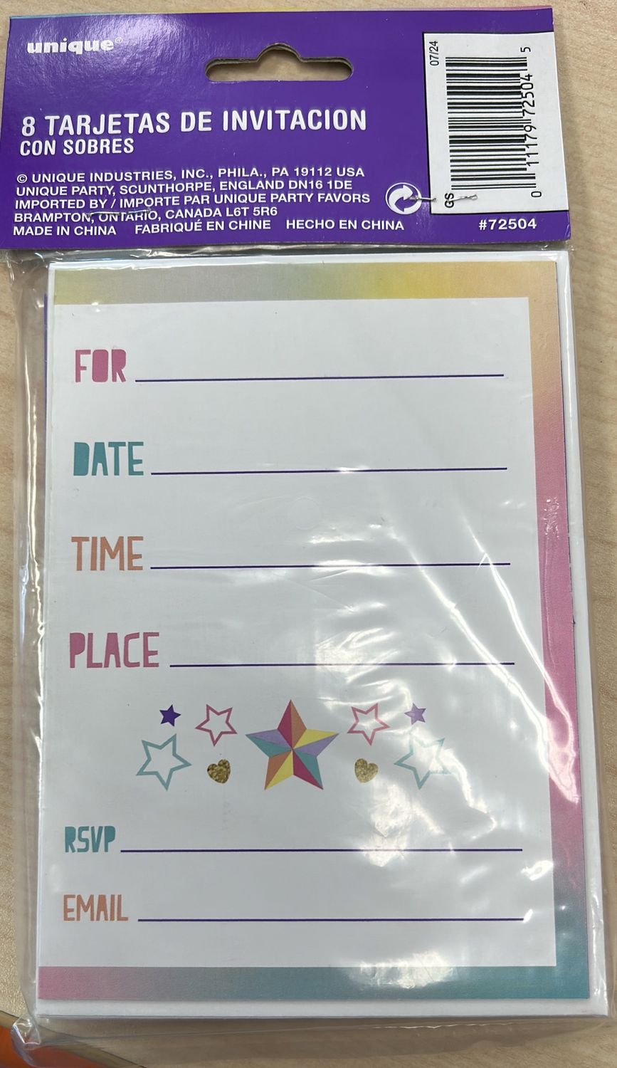 8CT UNICORN INVITATIONS