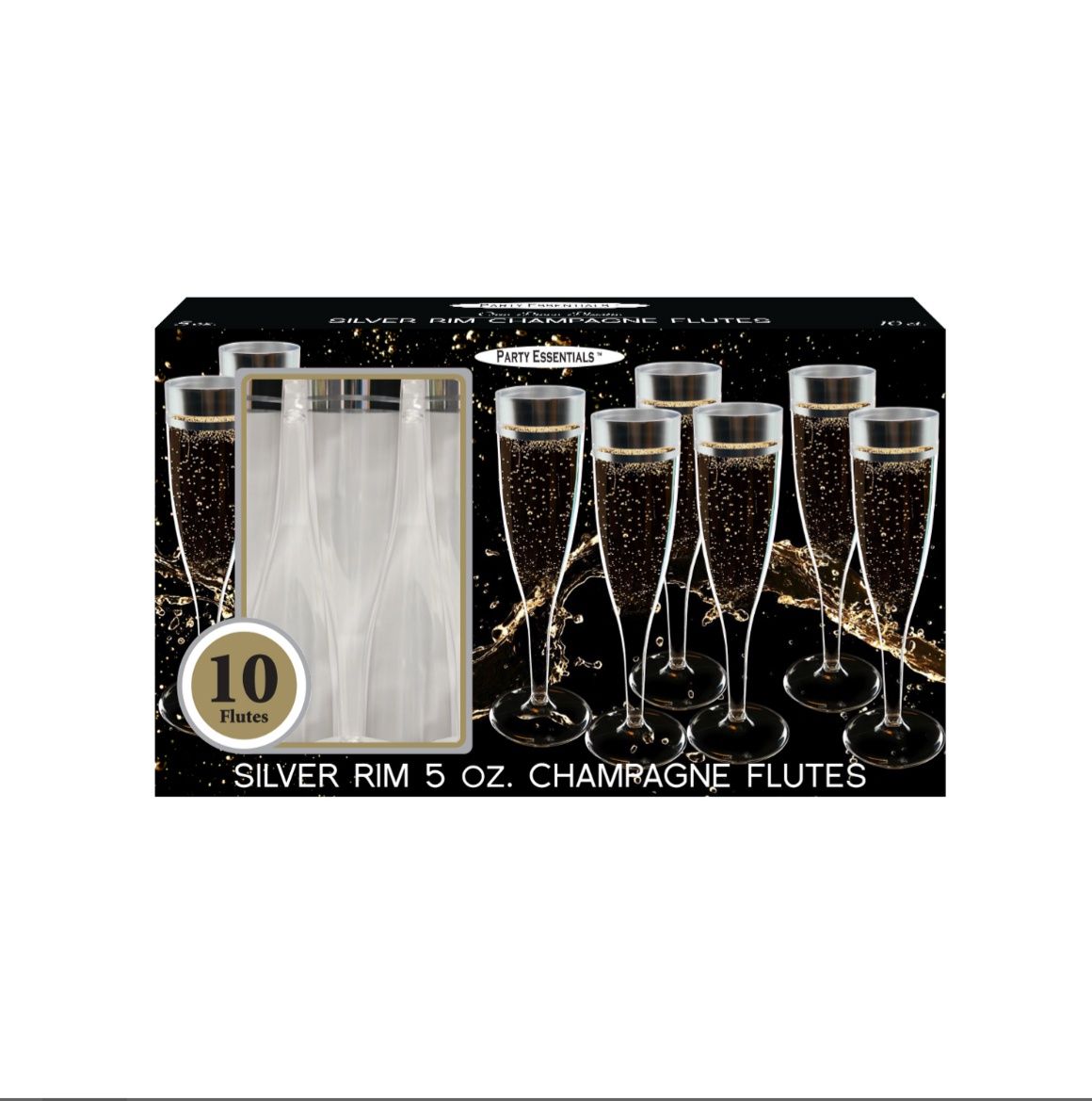 5oz Champagne Flutes Silver Rim Set 10piece