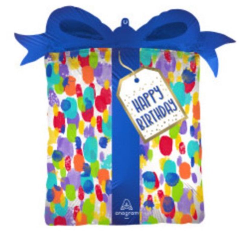 "Happy Birthday" Birthday Present Satin Foil Balloon, Multi-Coloured, Polka Dot, 32-in
