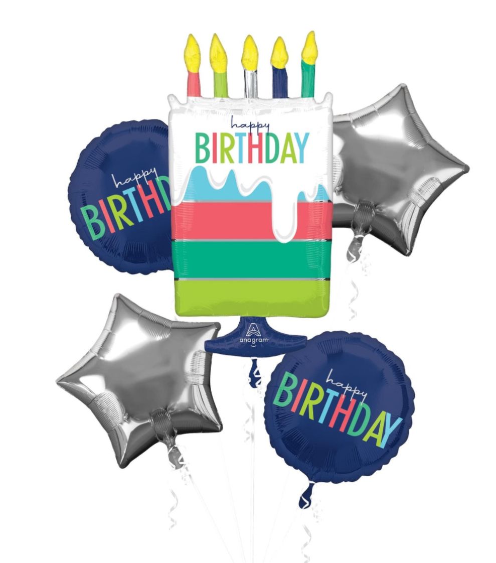 "Happy Birthday" Birthday Cake/Round/Star Satin Foil Balloon Bouquet