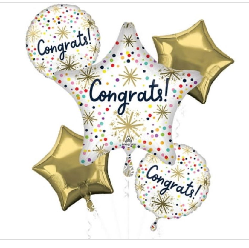 "Congrats" Star/Round Satin Foil Balloon Bouquet, Gold/White, Polka Dot, 5-pk