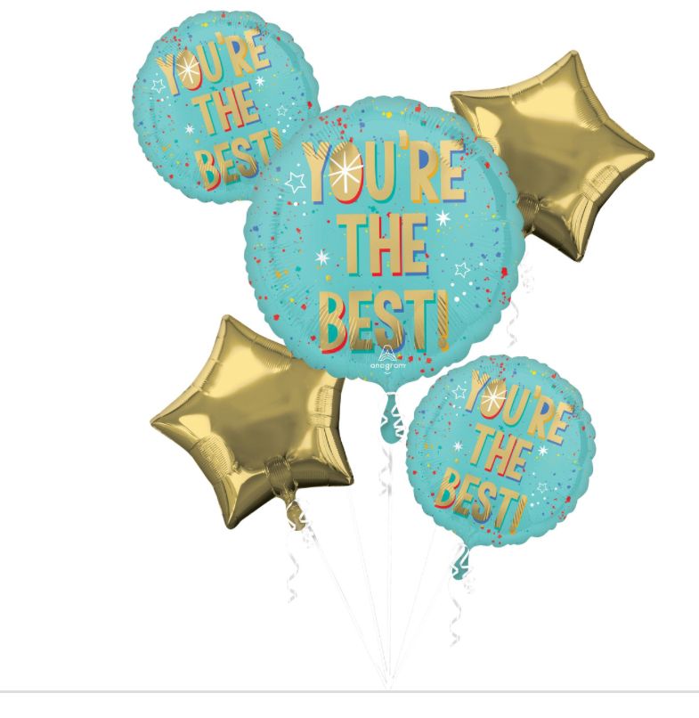 "You're the Best" Round/Star Satin Foil Balloon Bouquet, Blue/Gold, 5-pk