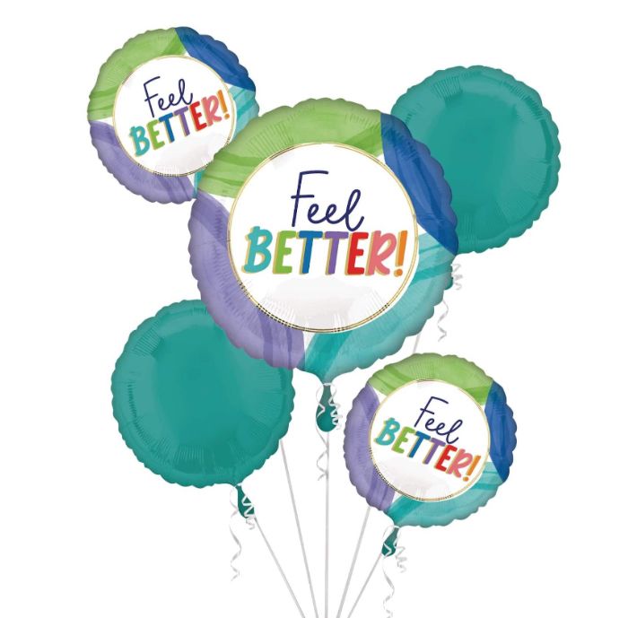"Feel Better" Round Satin Foil Balloon Bouquet, Blue/Green/Purple, 5-pk