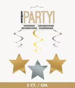 3 STAR SWIRL HANGING DECORATIONS - GOLD &amp; SILVER