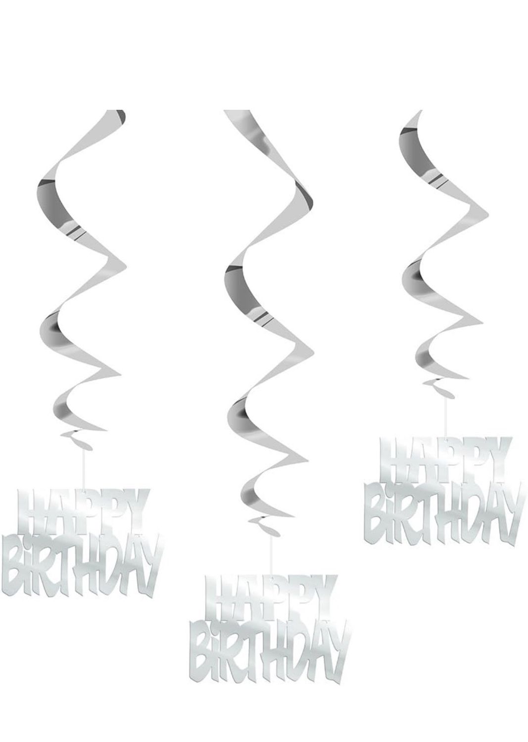 Dazzling Silver Happy Birthday Foil Hanging Swirl Decorations - 32" (Pack of 3) 