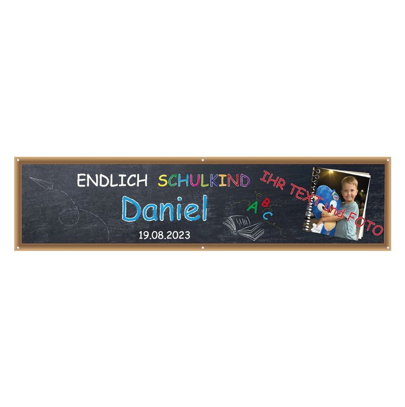 PVC Banner Deko 200x50 Endlich Schule, Schulkind, Personalisiert mit Wunschfoto  Wunschtext Wish-Print