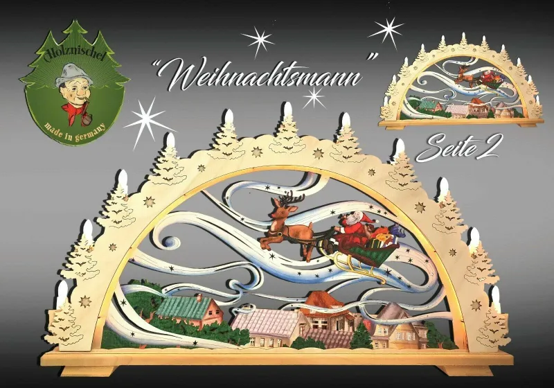 Lichterbogen Holzkunst Beleuchtung Dekoration 3D  G70-LW Weihnachtsmann Fahrt Holznischel