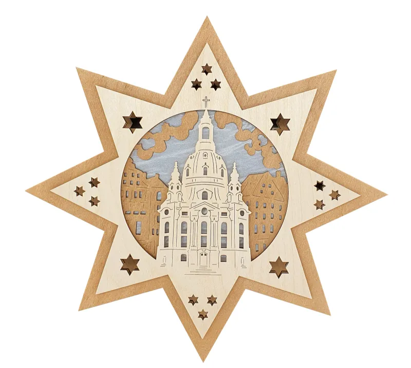 G70-FW307E Hochwertiger beleuchteter Holzstern – klassische Fensterdekoration Frauenkirche