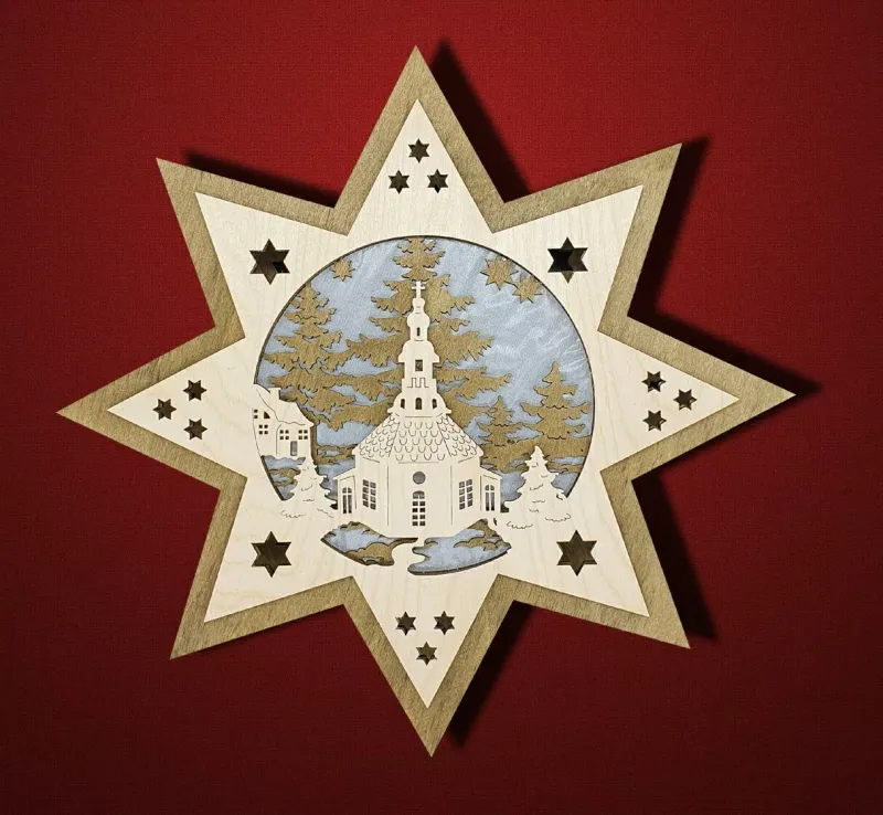 G70-FW306E Hochwertiger beleuchteter Holzstern – klassische Fenster Dekoration Seiffener Kirche