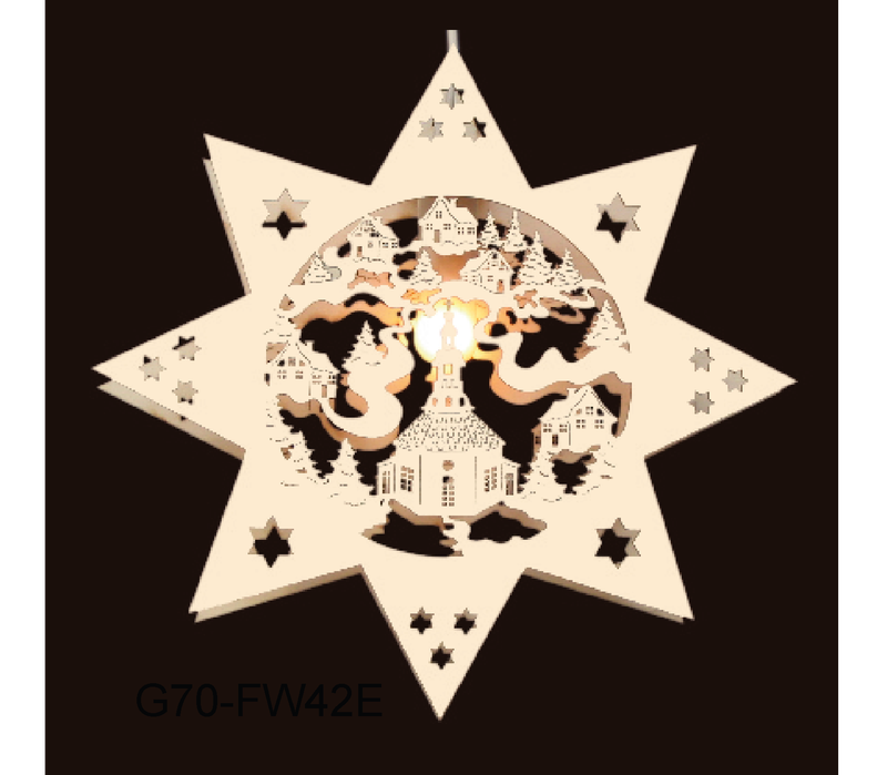 g70-fw49e Fensterbild Deko Seiffener Kirche mit Beleuchtung Lampe Kabel Holznischel Weihnachten