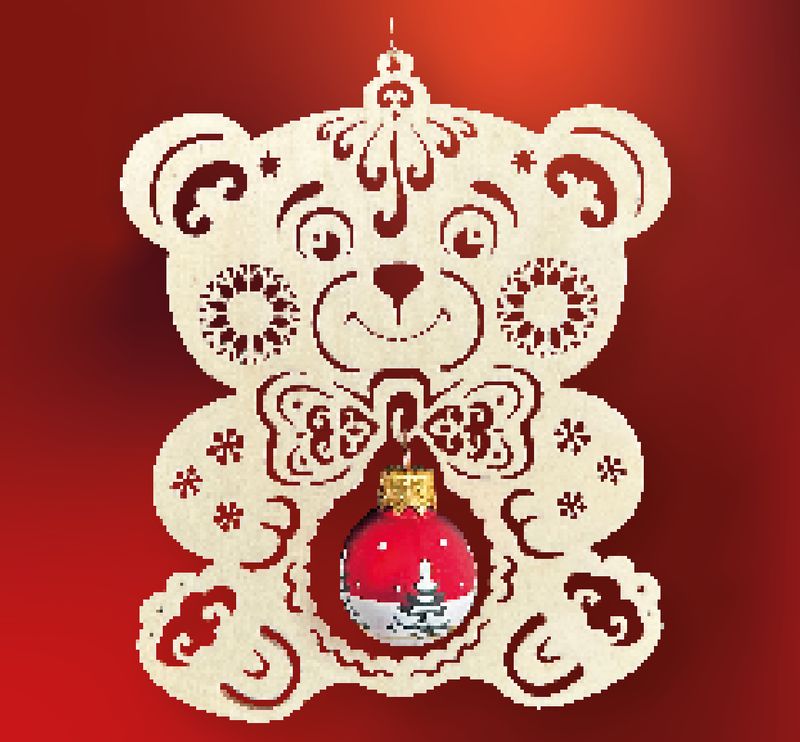 Bär mit Kugel- filigrane Weihnachtsdekoration aus Holz wbk-05