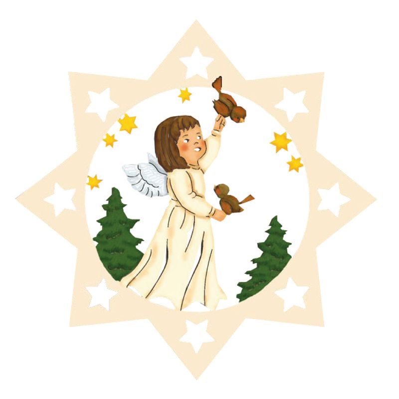 Engel mit Vogel ​Weihnachtsstern aus Holz 6 cm – Christbaumschmuck & Weihnachtsanhänger