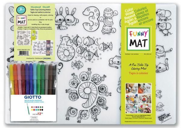FUNNY MAT - 2 NAPPERONS À COLORIER RÉUTILISABLES LETTRES ET CHIFFRES AVEC 12 CRAYONS