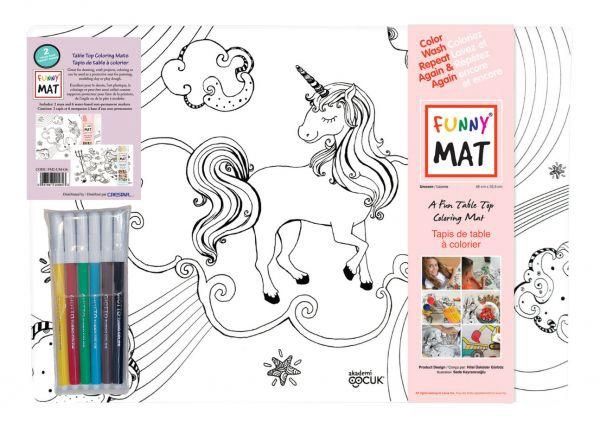 FUNNY MAT - 2 NAPPERONS À COLORIER BLANC RÉUTILISABLES AVEC 6 CRAYONS SIRÈNE ET LICORNE