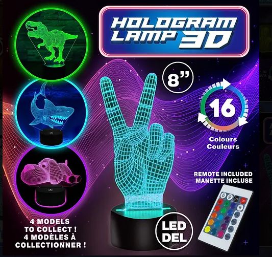 LAMPE HOLOGRAMME PEACE, CHIEN, DINO OU REQUIN
