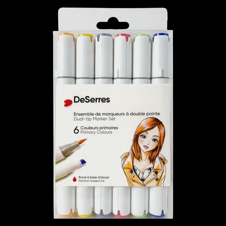 DESERRES - ENSEMBLE DE 6 MARQUEURS ALCOOL DOUBLE POINTE COULEURS PRIMAIRES