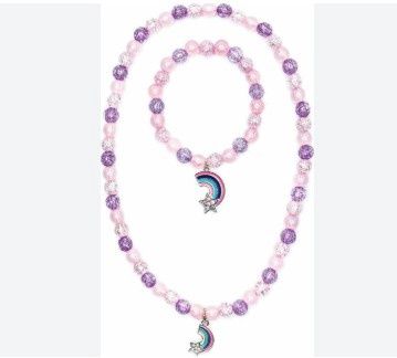 COLLIER ET BRACELET ROSE OU MAUVE AVEC BRELOQUE ARC-EN-CIEL