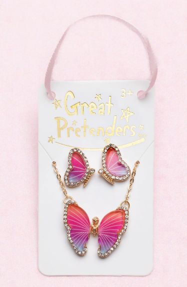 Bijoux collier et boucles d'oreilles papillon rose