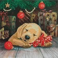 Carte d'anniversaire broderie diamant chiot endormi