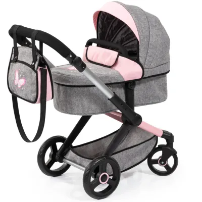 Poussette pour poupée - Grise et rose