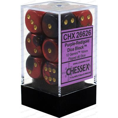 Brique de 12 dés 6 faces 16 mm - Gemini Violet et rouge avec points doré