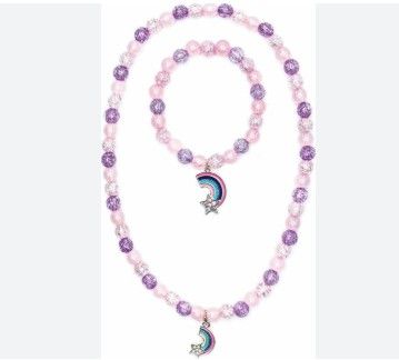 Collier et bracelet rose ou mauve avec breloque arc-en-ciel